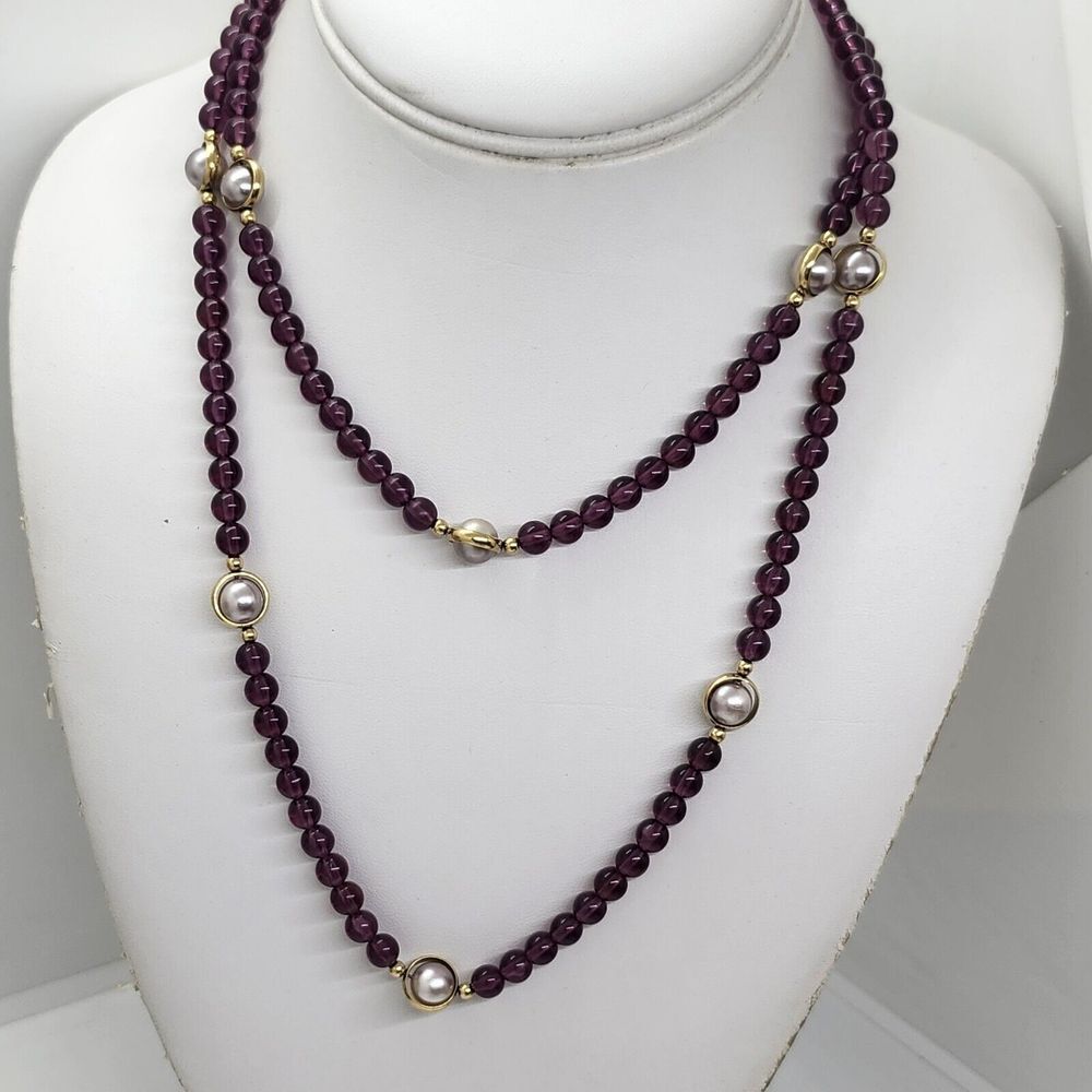 Faux Pearl And Amethyst Acrylic Bead Necklace‎